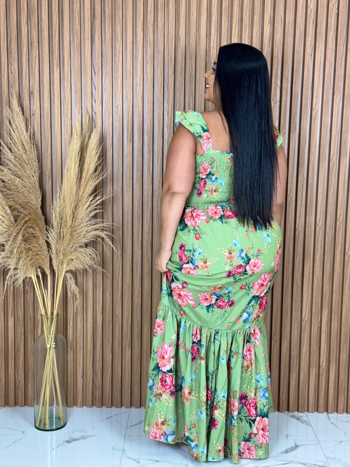 Vestido Longo / Verde com Rosas - Imagem 2
