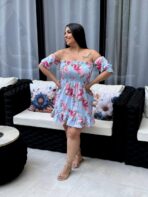 Vestido Ciganinha Curto / Azul Claro Com Rosas
